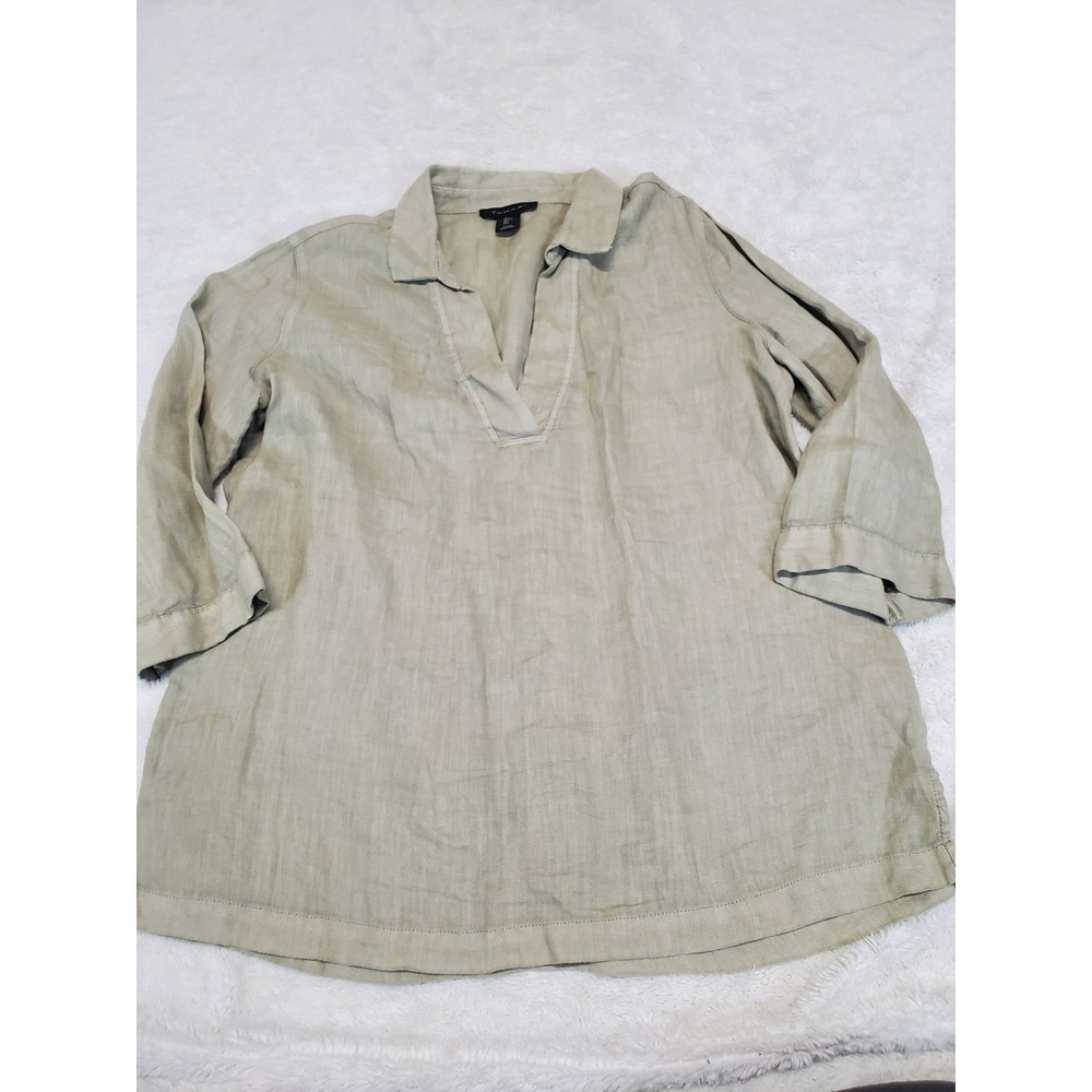 Tahari Sage Green Linen 3/4 Sleeve Tunic Blouse Large Lagenlook Old Money Casual